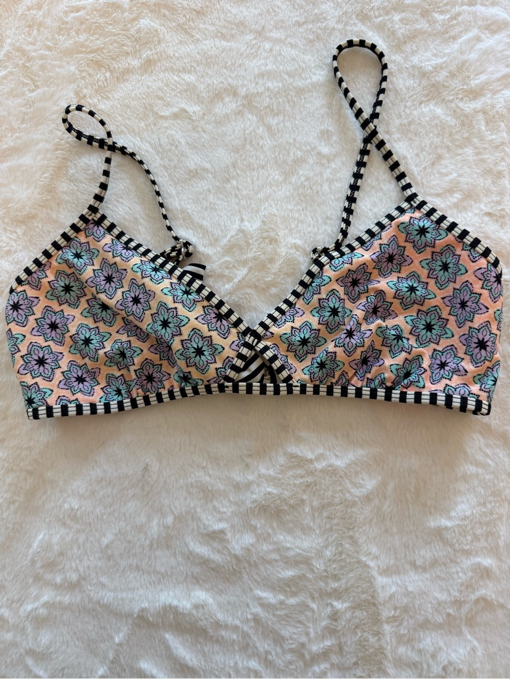 Floral Triangle Bikini top with Black-White Stripe Trim - Pink Floral